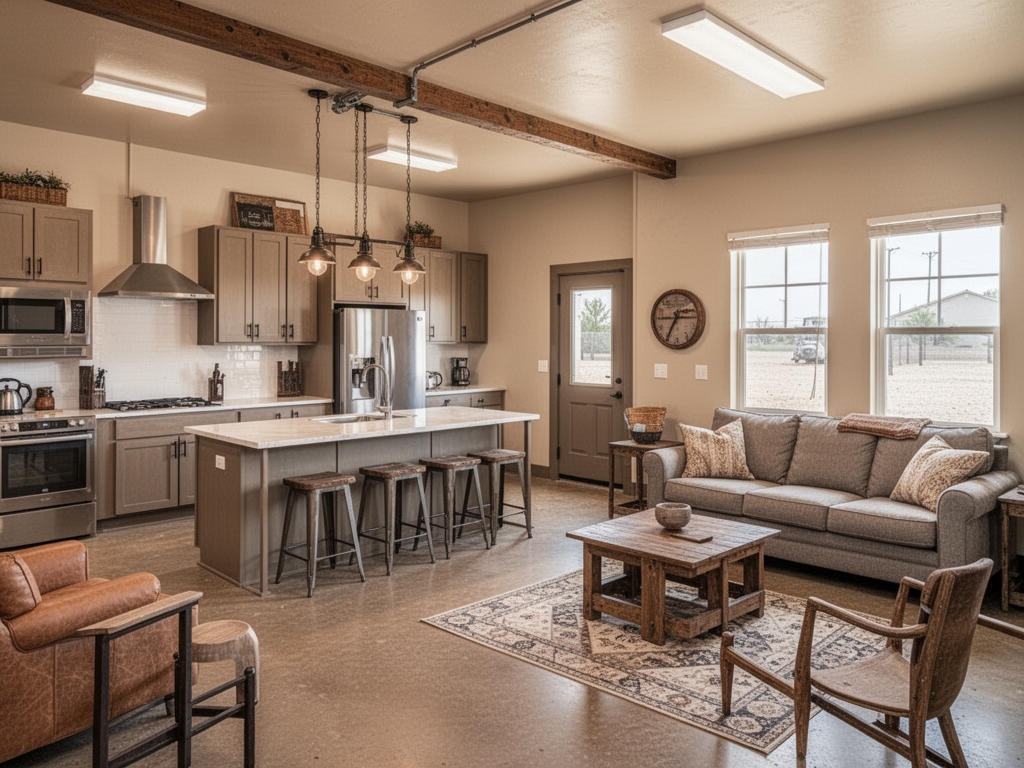 Representative furnished home interior with kitchen and living space