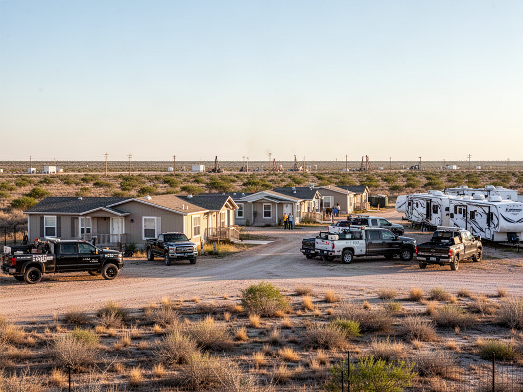 Work trucks and temporary housing representing a remote South Texas workforce assignment