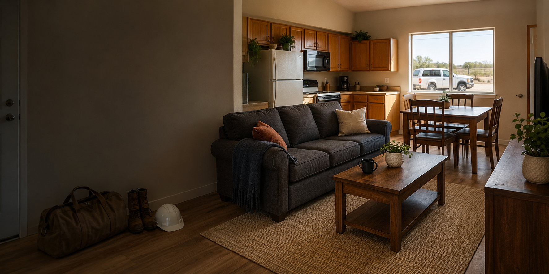 Representative furnished crew housing with a practical living area, kitchen, work gear, and pickup outside