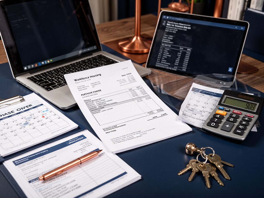 Company housing agreement and billing details reviewed for a furnished stay