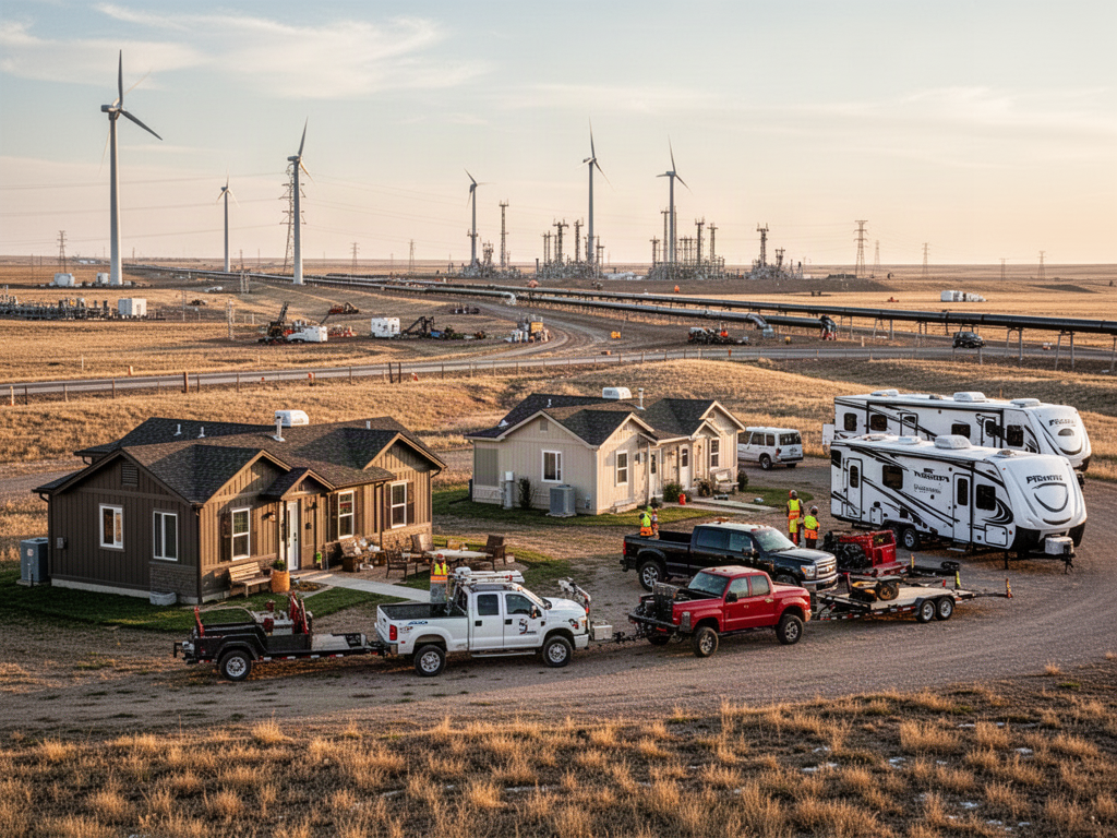 Work trucks and trailers representing remote pipeline and energy infrastructure crew housing