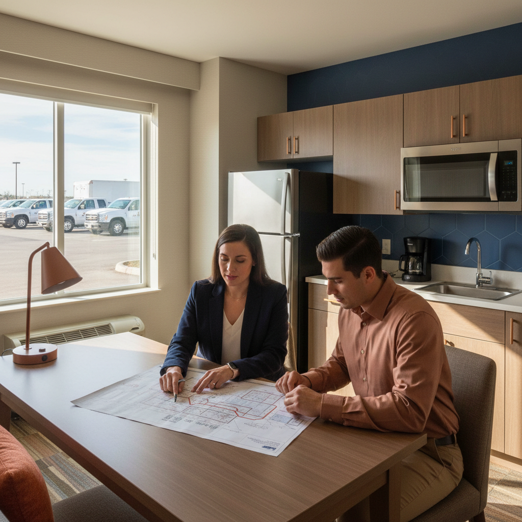 Extended-stay hotel managers preparing a lodging plan for construction crews