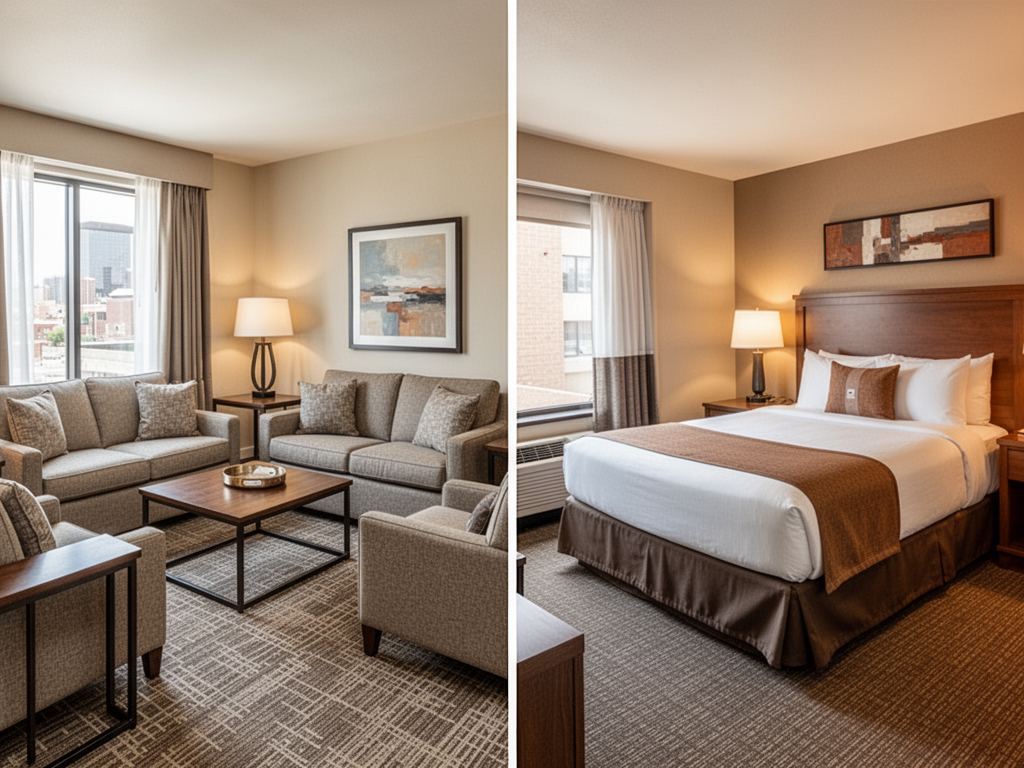 Split view comparing corporate apartment and extended stay hotel room