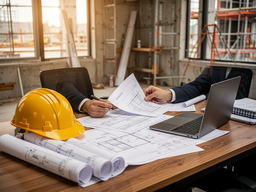 Project manager reviewing housing documents at a construction site desk