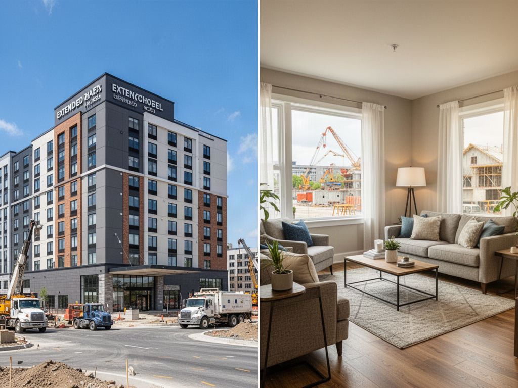 Comparison of a hotel room and furnished workforce housing for a long-term construction assignment