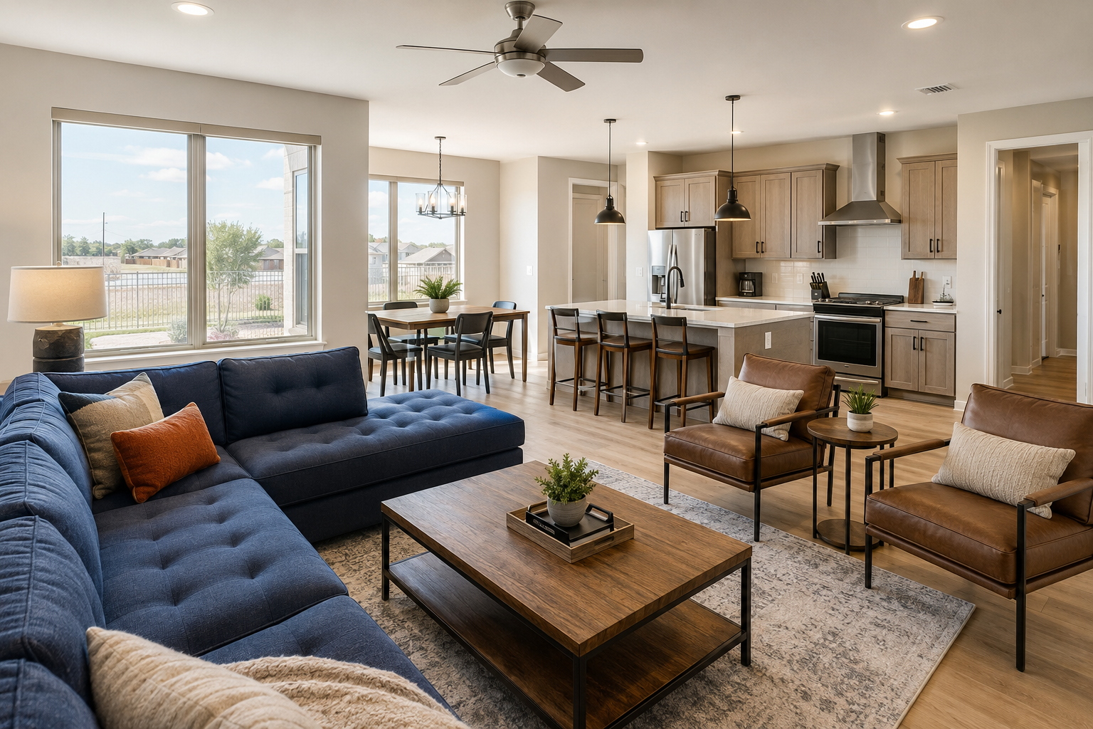 Bright furnished crew housing interior with a spacious living area, full kitchen, dining table, and clear walkways