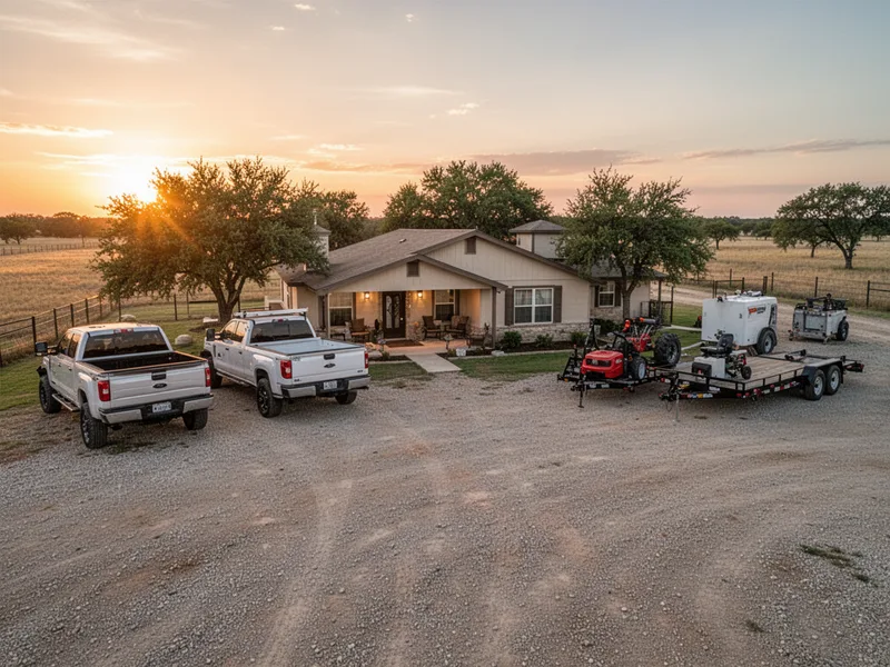Worker housing with trucks and equipment trailers
